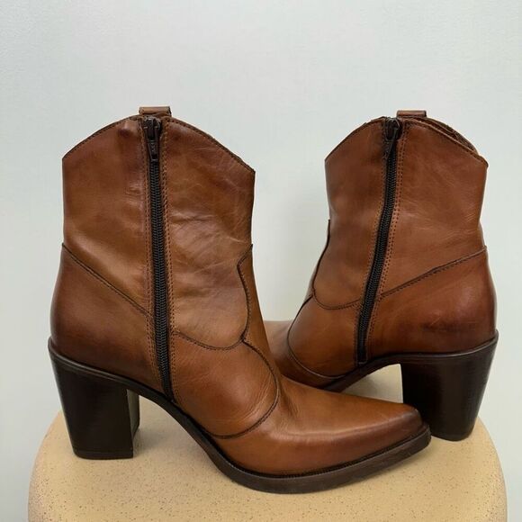 Emanuele Crasto Made in Italy Women’s Leather Cognac Brown Heel Mid Calf Western - Picture 4 of 13